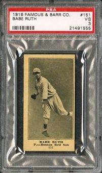 1916 Famous and Barr Babe Ruth Rookie Card – Second Highest Graded Example! PSA VG 3   